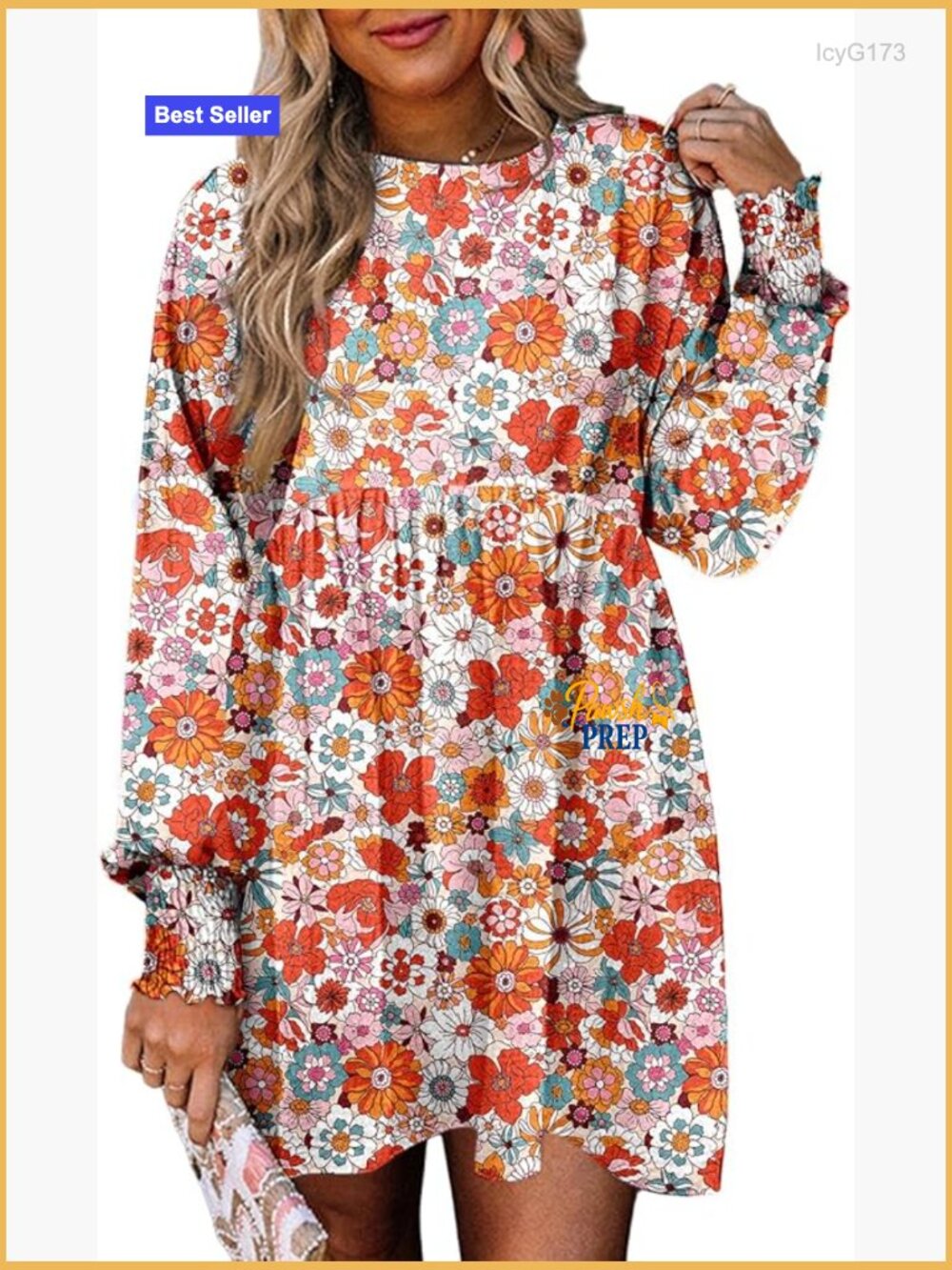 Floral Babydoll Long-Sleeve Dress - Orange Multi